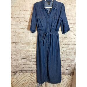 Millenium Shirt Dress Womens Large Chambray Blue Midi Full Button Front Belted